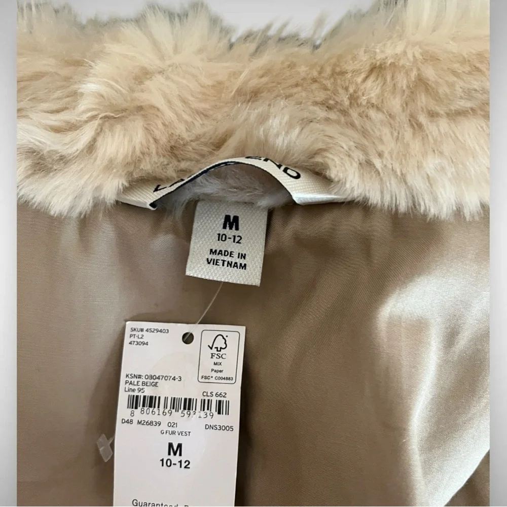 LANDS’ END Girls Faux Fur‎ Beige Full Zip Vest Medium | NWT